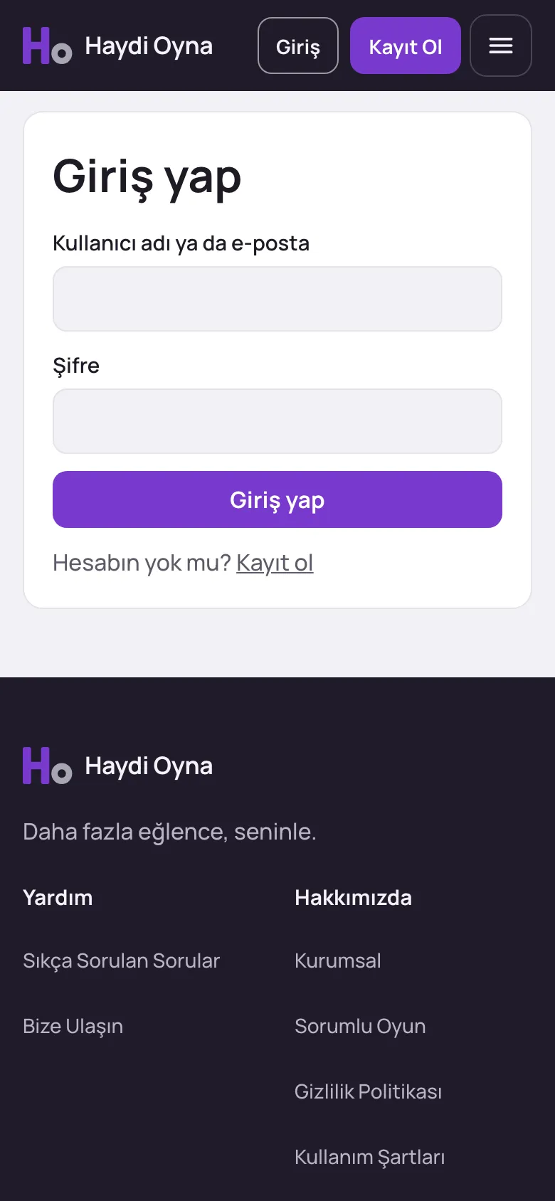 Giriş ekranı — mobil gerçek ekran görüntüsü