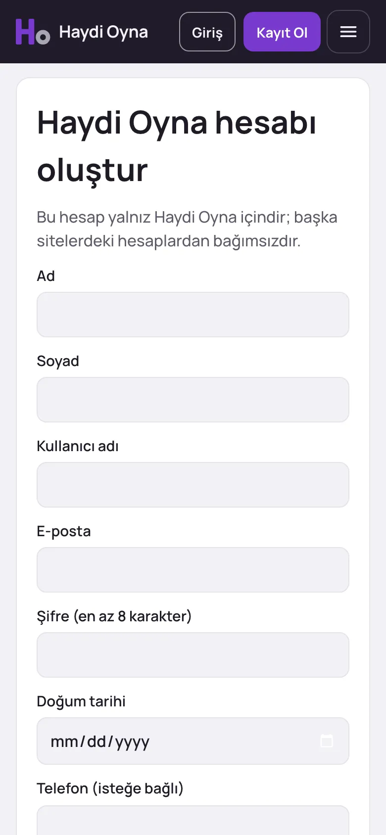 Kayıt ekranı — mobil gerçek ekran görüntüsü
